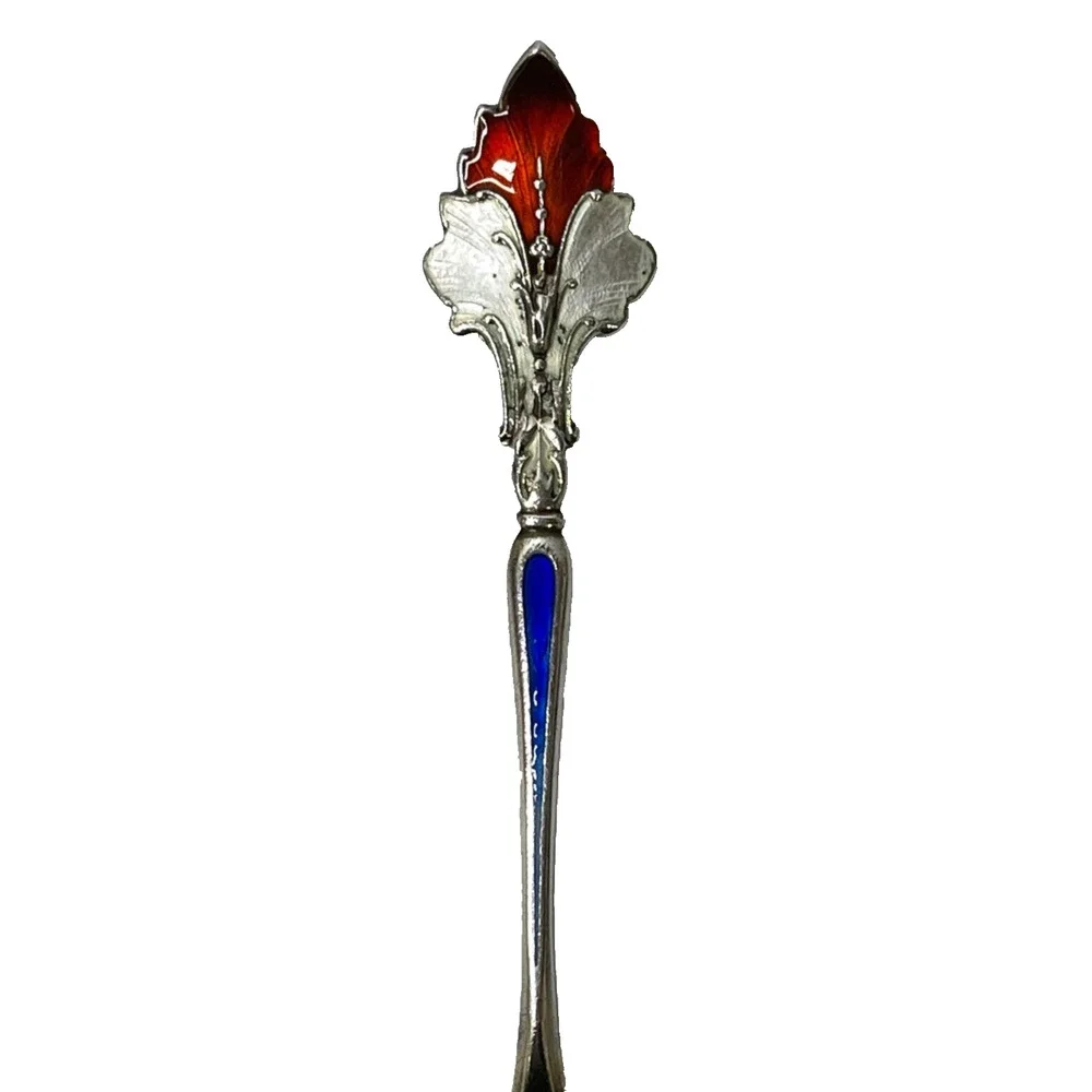 Rare Antique Silver Souvenir Spoon 4.7 inch Red Blue Enamel Handle Collectable